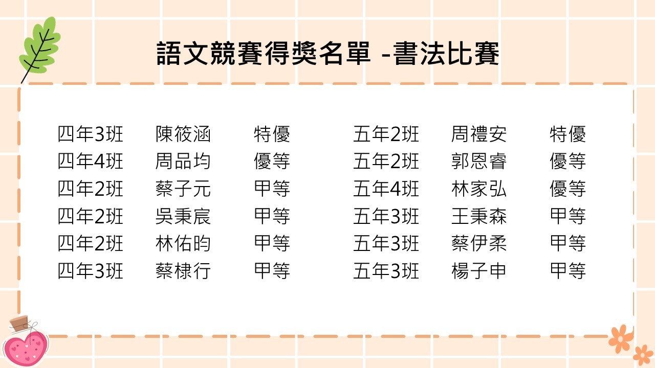 語文競賽得獎名單 -書法比賽