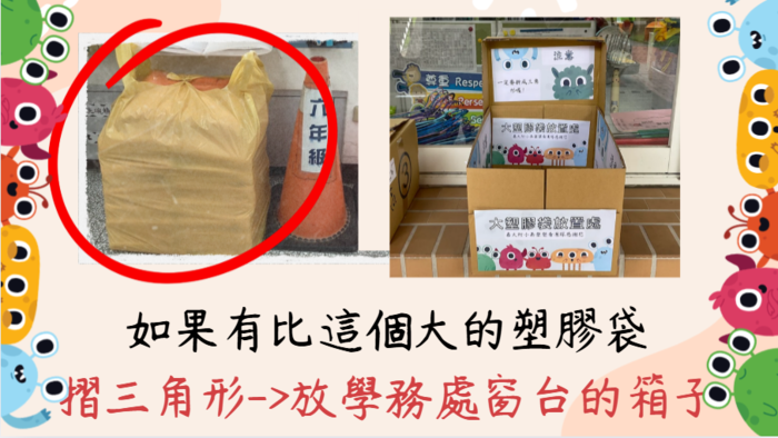 「再塑塑看」團隊關注學校各班使用的垃圾袋是購買的,間接造成環境負擔,希望推動塑膠袋再利用行動。