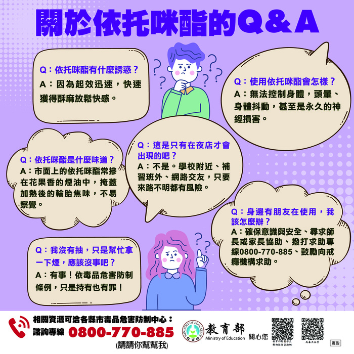 電子煙已全面禁止，來路不明煙彈多暗藏第一級毒品「依托咪酯」。面對毒品應「不毒不回」，拒絕誘惑、堅決反毒拒毒駕，共同守護校園安全。教育部關心您。